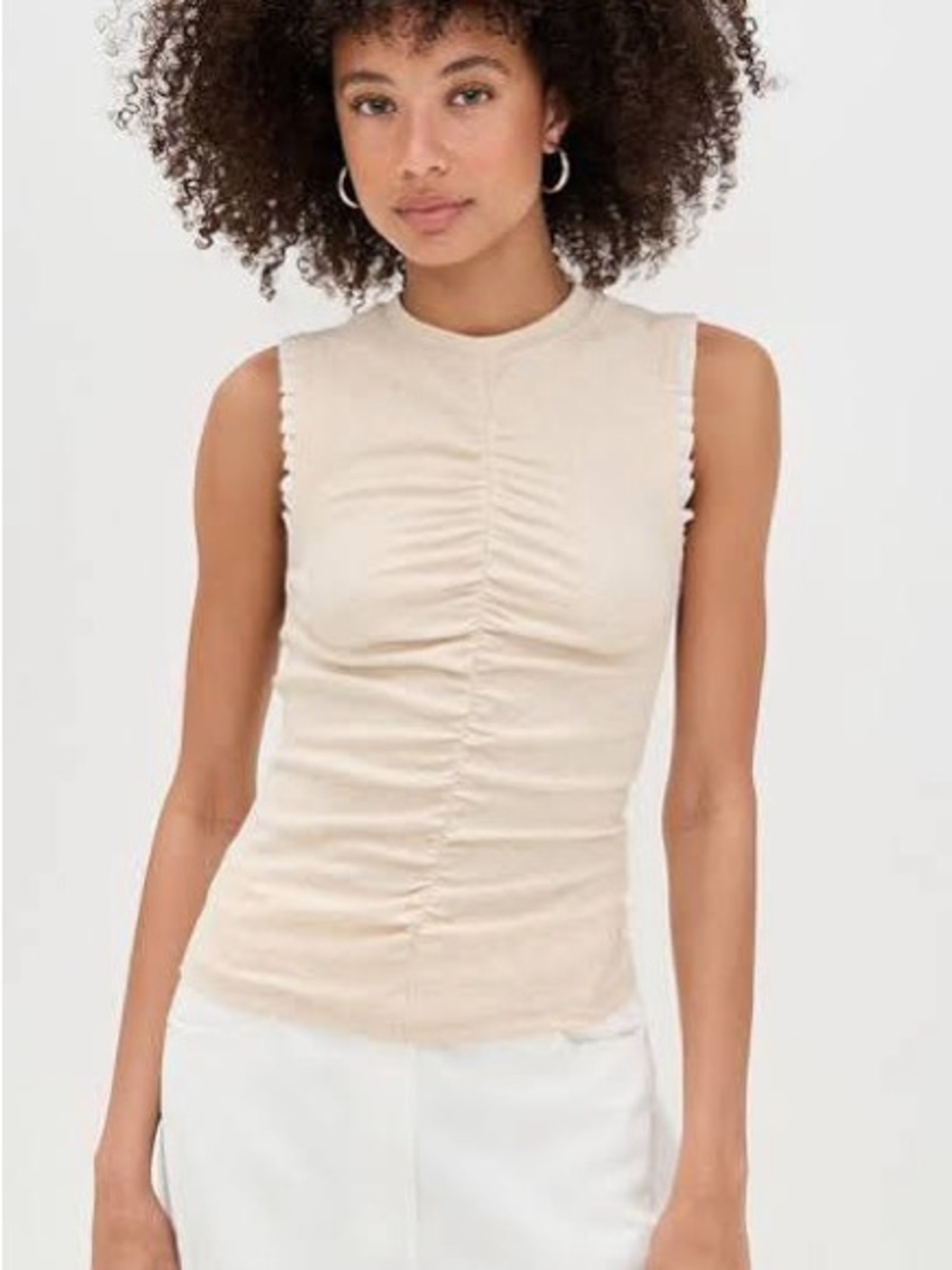 Ulla Johnson Sleeveless Ruched Crewneck Top in Beige